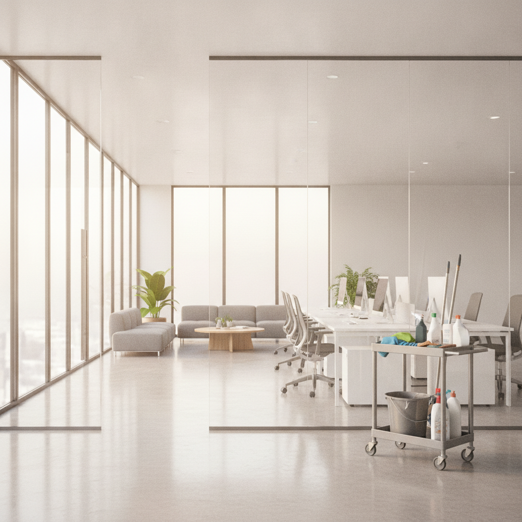 Professional cleaners in commercial office space with equipment and supplies