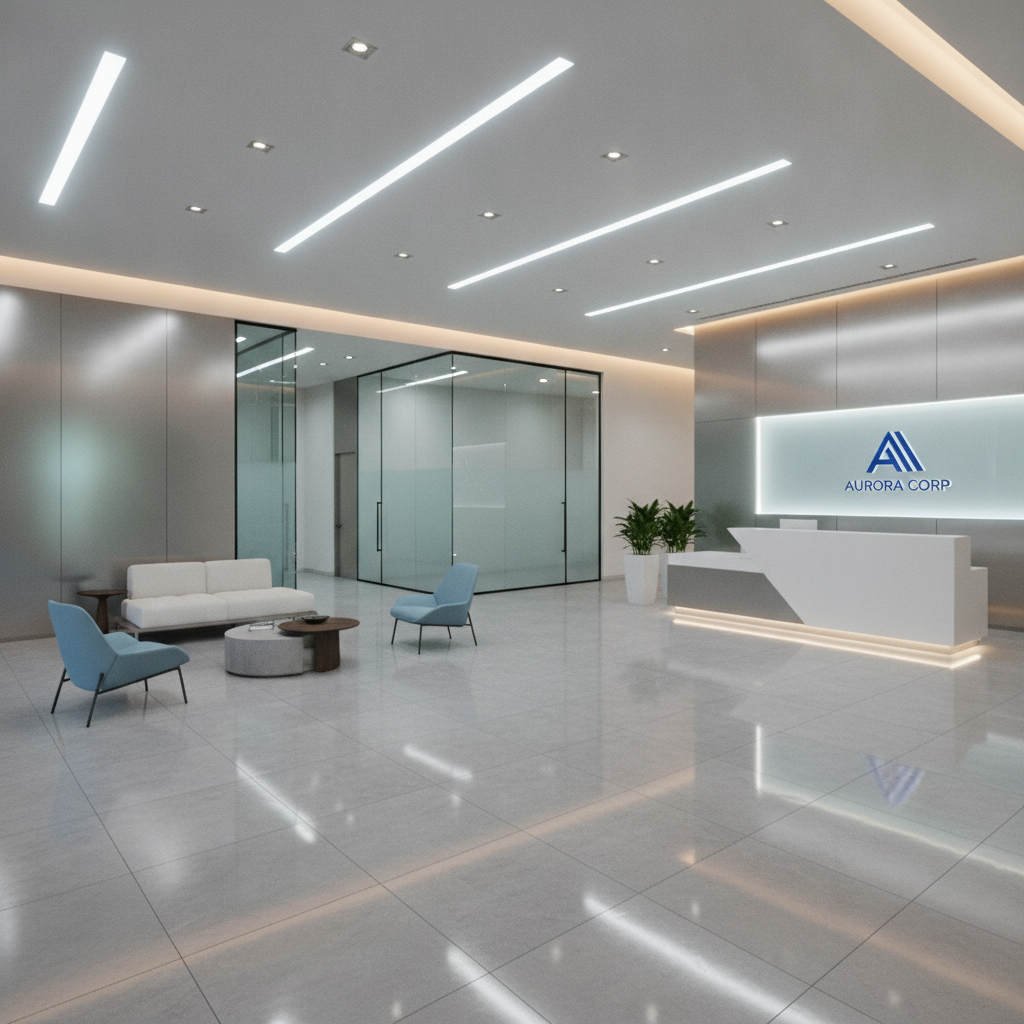 Modern office building lobby with clean floors and organized reception area