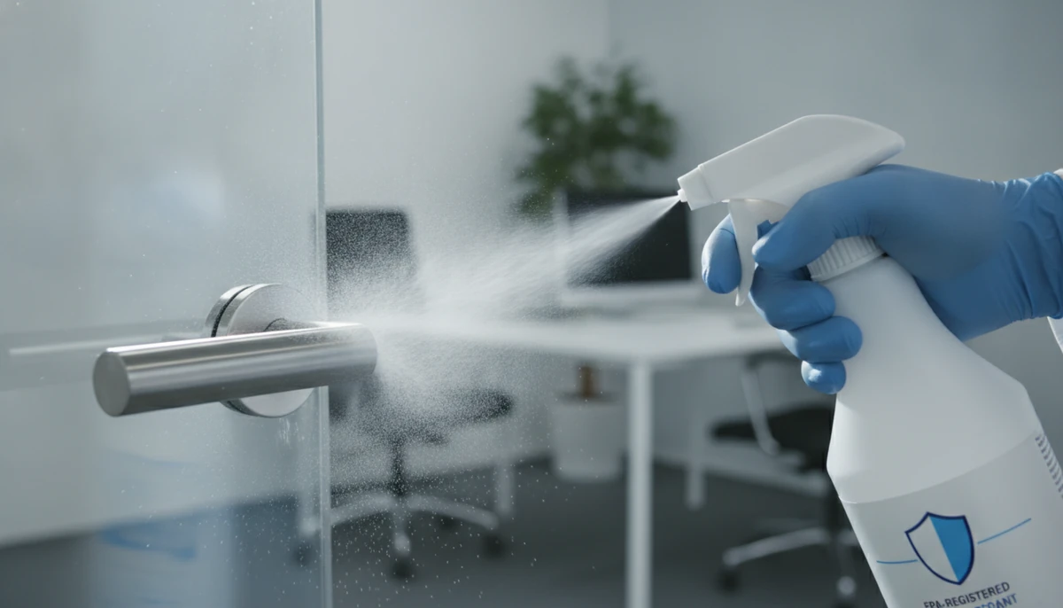 Professional disinfectant spray applied to office door handle with blue-tinted EPA-registered solution