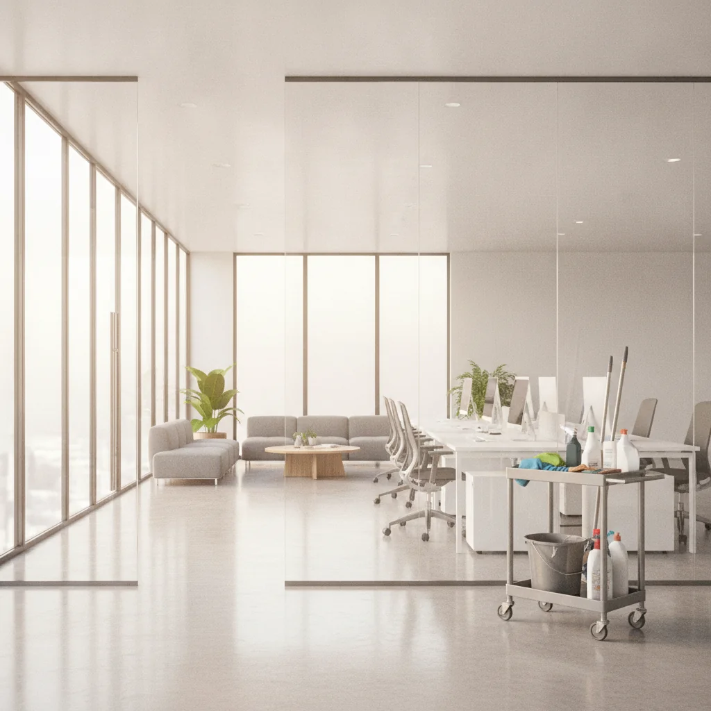 Professional cleaners in commercial office space with equipment and supplies