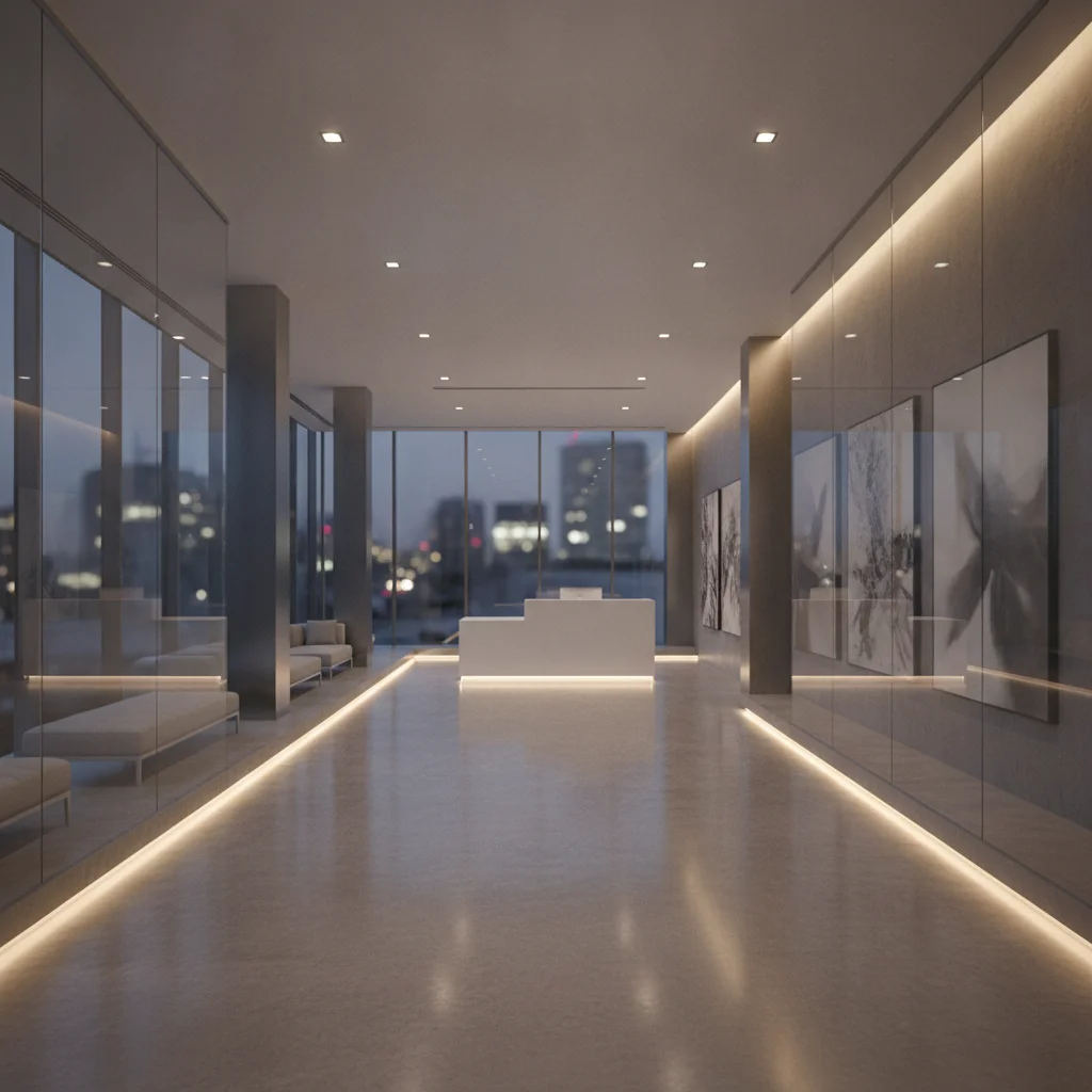 Modern office building lobby with polished floors and clean glass surfaces